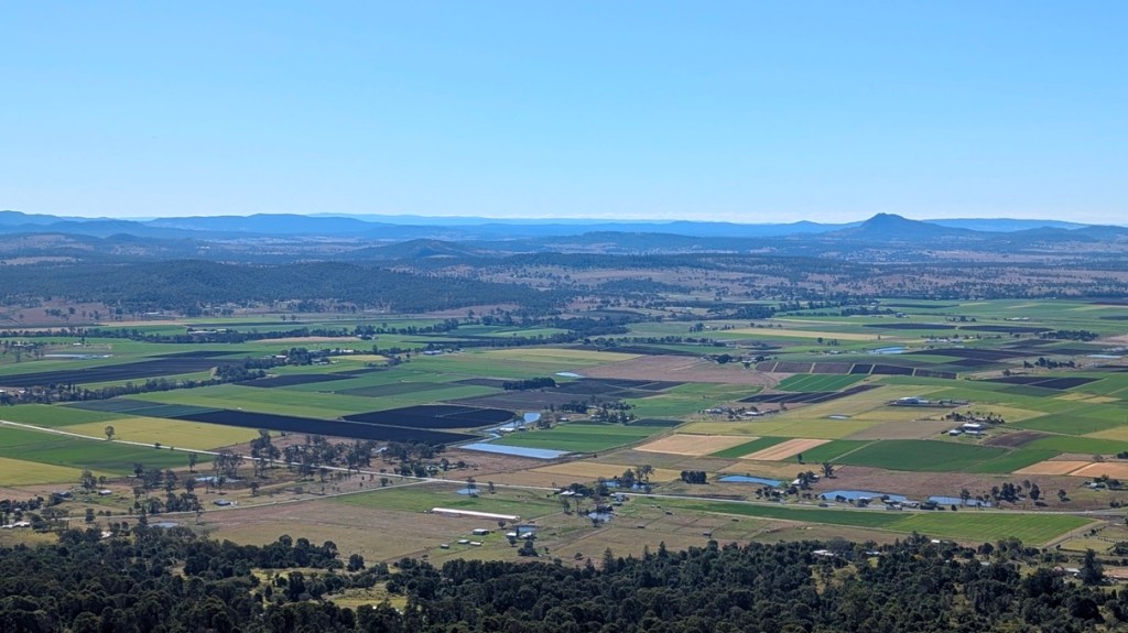 Stunning Fassifern Valley farmland and Scenic Rim mountain views from Logan's Lookout on Mt French