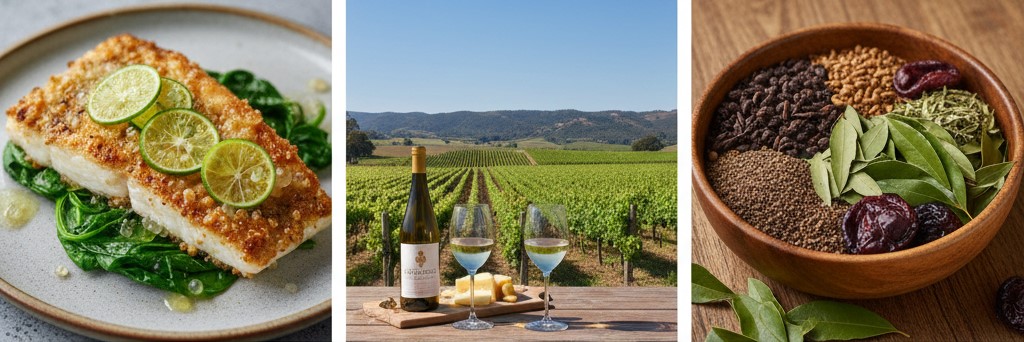 Lemon-Myrtle-&-Macadamia-Crusted-Barramundi-paired-with-a-barossa-chardonay-and-native-ingredients