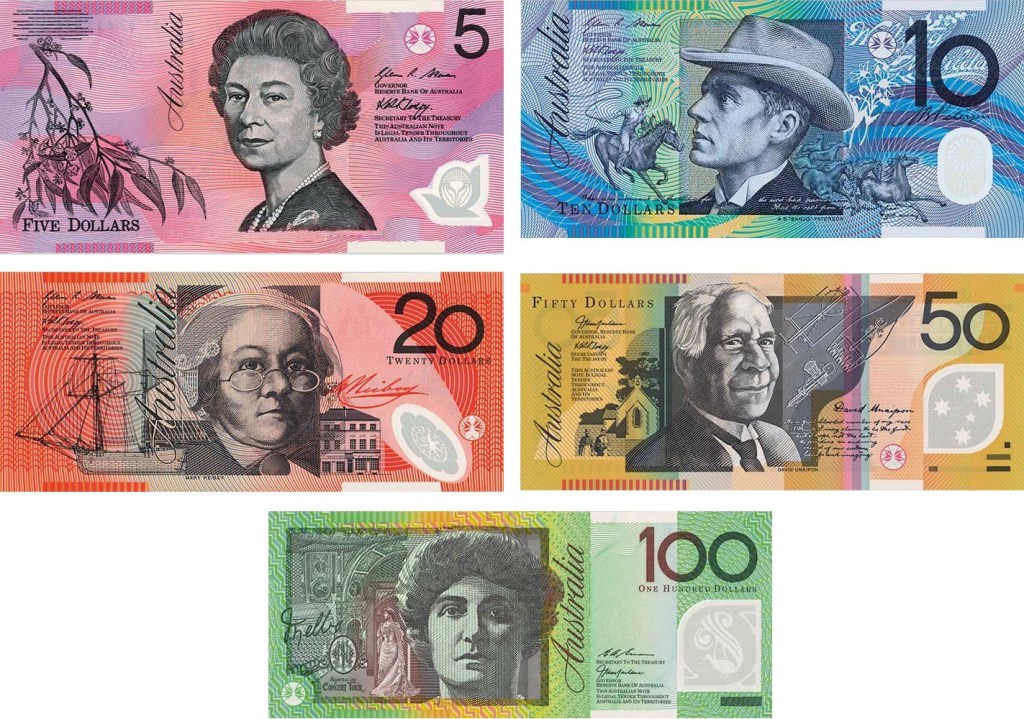 Australia's official currency is the Australian dollar which comes in bright vibrant colours. Each dollar consists of 100 cents