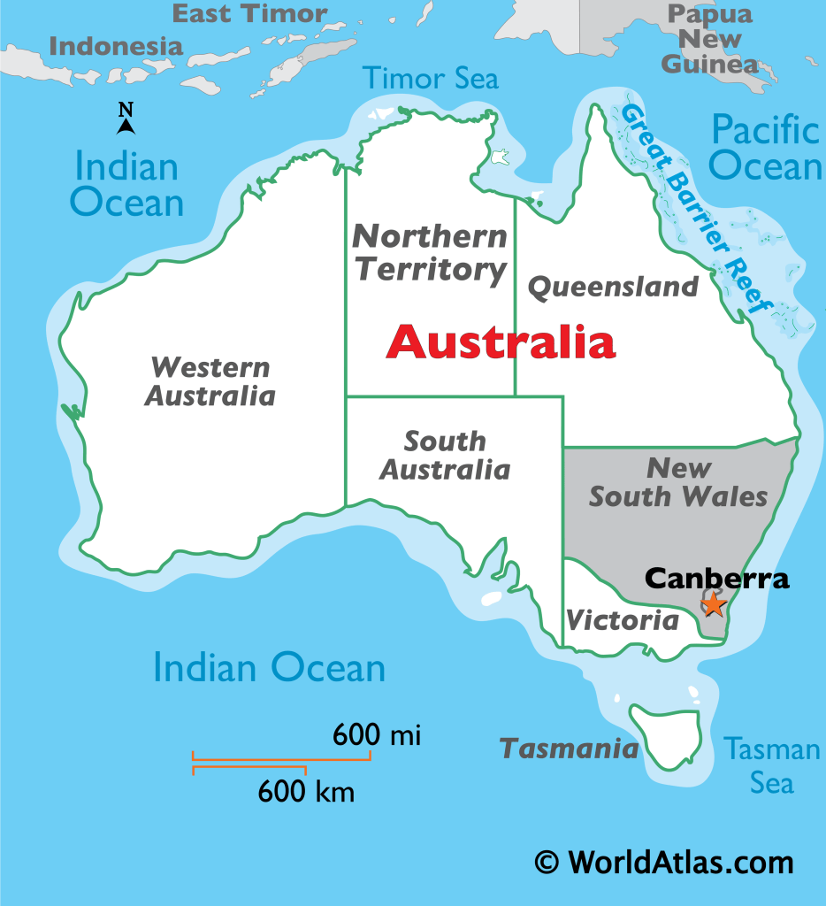 Map showing New South Wales, Australia's most populous state, with the capital Sydney, Australia's largest city