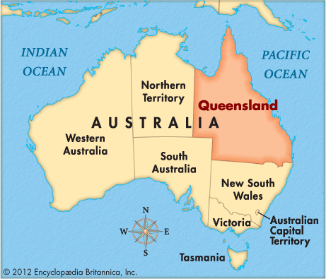 Map showing Queensland, the second largest state in Australia, with the Pacific Ocean to the east